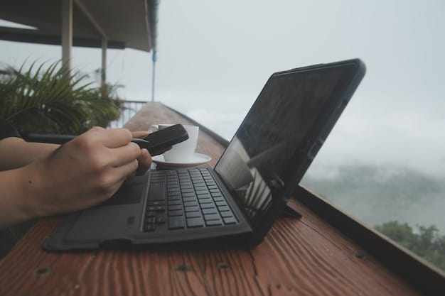 A digital nomad using a VPN on a laptop in a coffee shop, with a padlock icon displayed to represent secure internet connection and data encryption.
