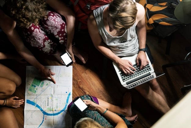 A group of digital nomads working together on a project in a co-working space, collaborating and brainstorming.