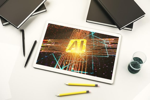 A close-up of an AI writing tool interface, highlighting features like grammar checking, content generation, and SEO optimization, with a user interacting with the tool on a tablet.
