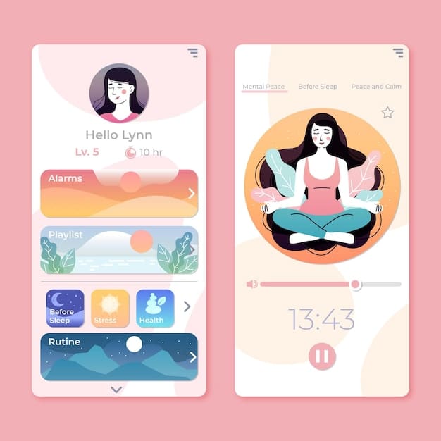 A close-up of a smartphone displaying a mindfulness app interface, showing options for meditation and relaxation exercises.