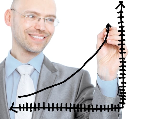 A person pointing at a graph showing retirement account growth with upward trend lines, highlighting investment gains.