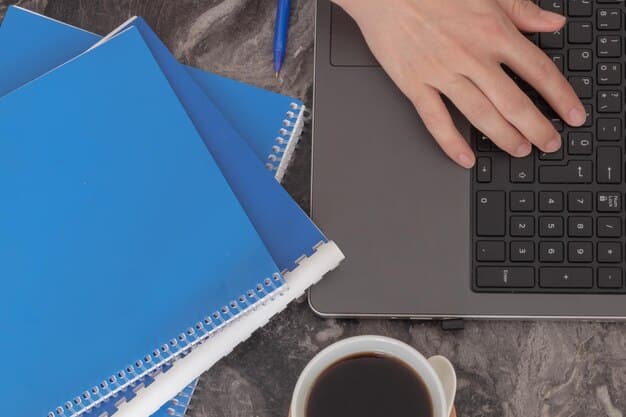 A close-up of a freelancer's hands typing on a laptop, with a calendar and financial documents in the background, symbolizing planning and financial health.