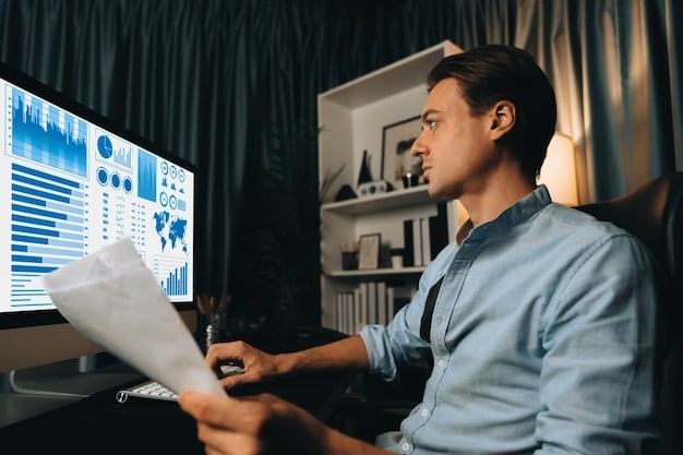 A freelancer reviewing financial data on multiple monitors, with charts, graphs, and budgeting apps displayed, highlighting the use of technology in financial management.