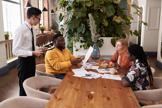 A diverse group of freelancers working collaboratively in a co-working space, discussing financial strategies and planning.