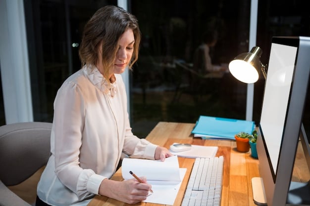 A freelancer carefully reviewing a contract on their computer, with a notepad and pen nearby. The setting is a well-lit home office with organized bookshelves in the background. The image suggests thoroughness and attention to detail.