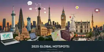 Illustration of global hotspots with digital nomad elements for 2025 visas