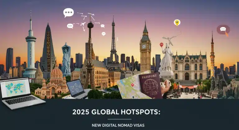 Illustration of global hotspots with digital nomad elements for 2025 visas