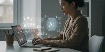 Futuristic remote office with AI interfaces boosting productivity