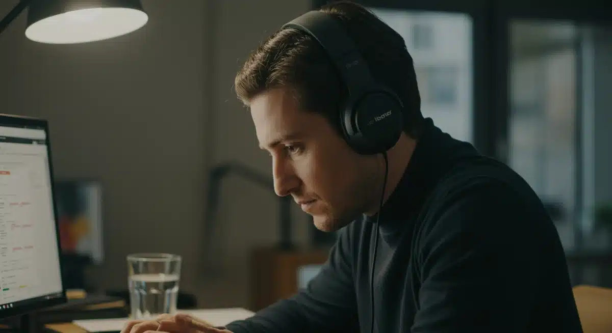 Individual concentrating with noise-canceling headphones in remote setup