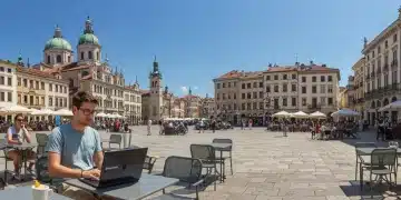 American digital nomad working on laptop in a European city square, showcasing long-term international living.