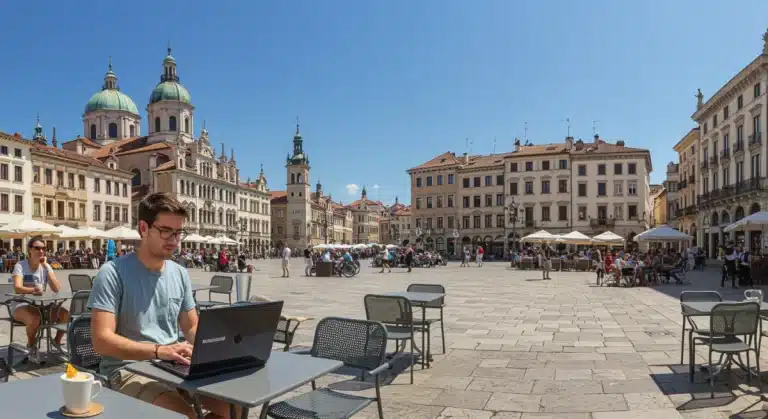 American digital nomad working on laptop in a European city square, showcasing long-term international living.