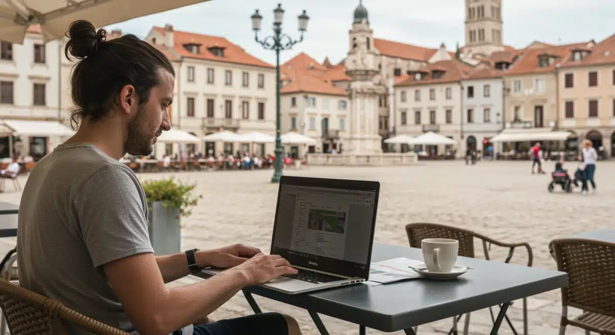 Digital nomad working remotely in a European city cafe