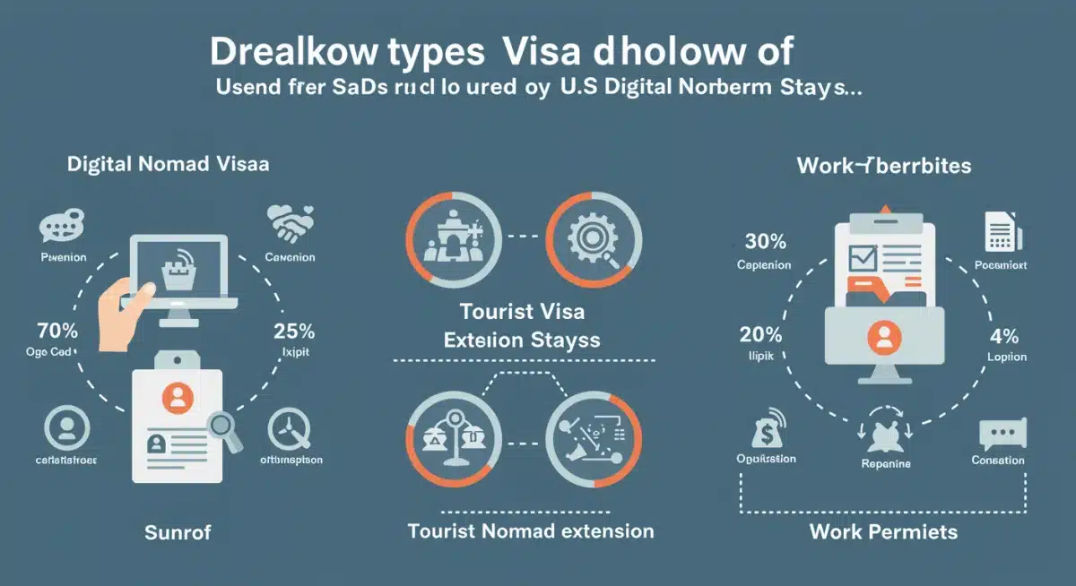 Infographic showing various visa types used by US digital nomads for extended stays abroad.