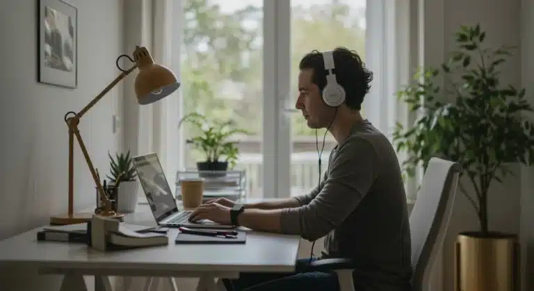 Focused remote worker using laptop in a modern home office