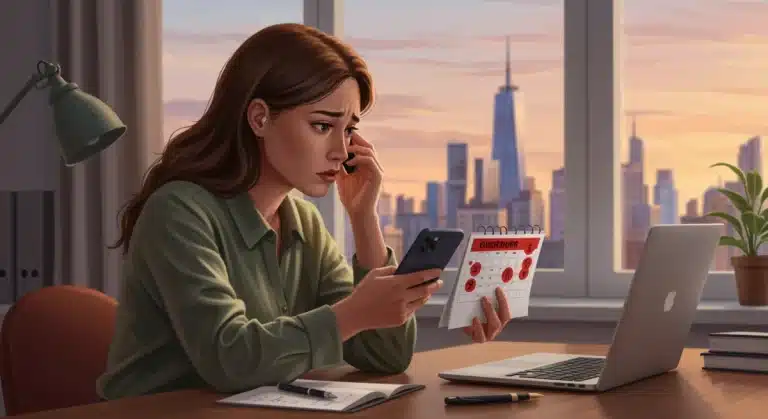 Freelancer stressed about overdue payments, reviewing legal strategies on her laptop.