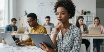Freelancers discussing disability insurance options in a modern co-working space