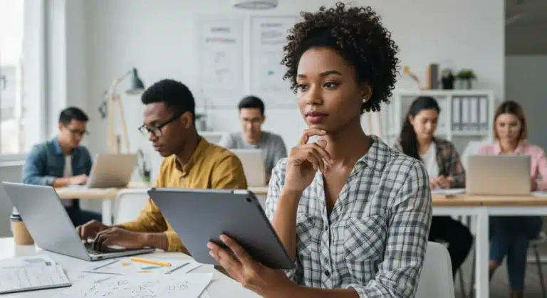 Freelancers discussing disability insurance options in a modern co-working space