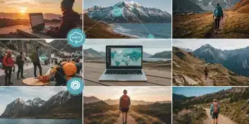 Global digital nomad destinations collage with diverse landscapes and remote work setups