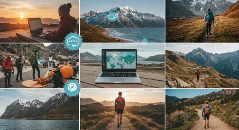 Global digital nomad destinations collage with diverse landscapes and remote work setups