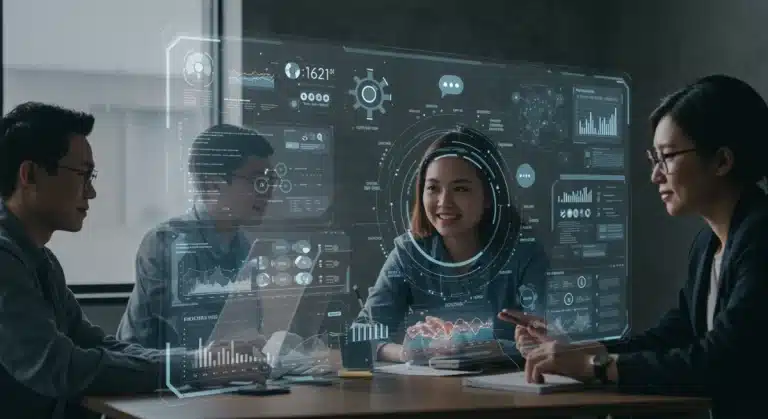 Remote team collaborating on a futuristic project management interface