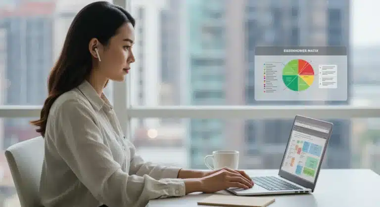 Woman applying Eisenhower Matrix to remote tasks for effective prioritization