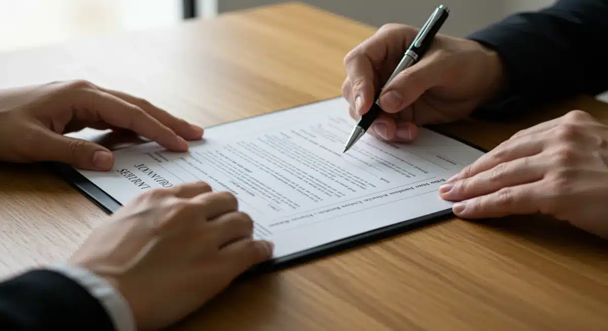 Legal contract being signed, detailing payment terms and dispute resolution clauses.