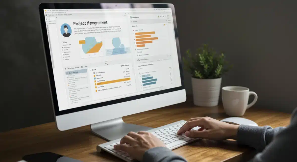Hands typing, project management software on screen, showing asynchronous collaboration