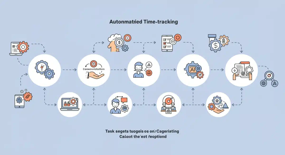 Infographic demonstrating automated time-tracking workflow with AI categorization.