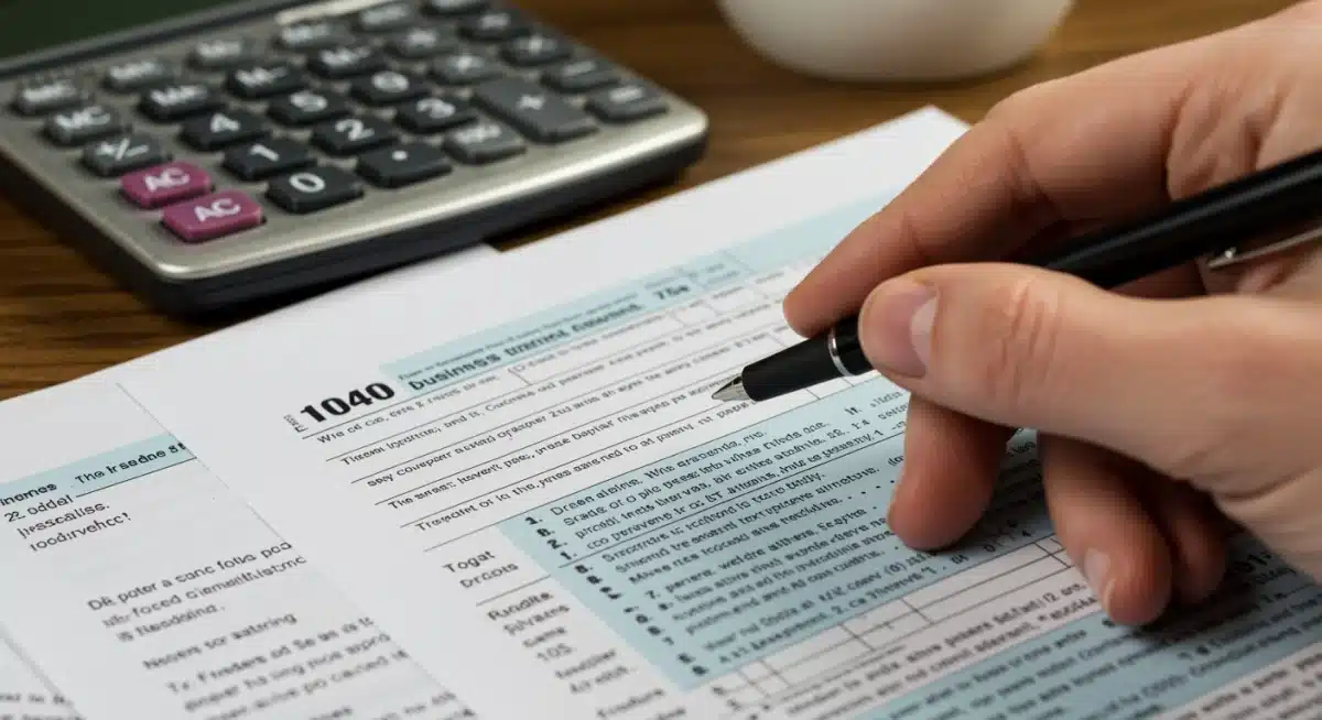Hand highlighting business expenses on a tax form