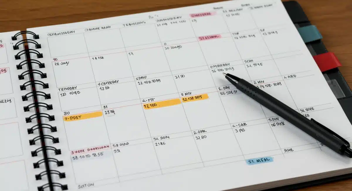 Physical planner with color-coded time blocks for daily tasks.