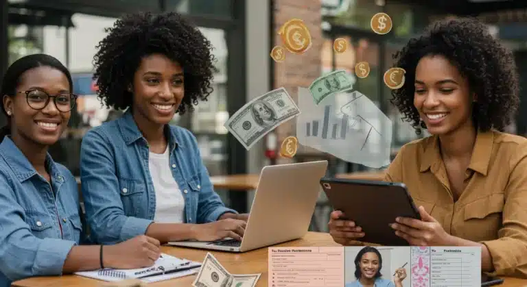 Smiling freelancers confidently managing their finances and tax obligations