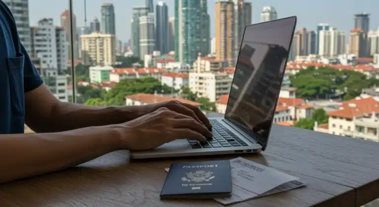 US digital nomad working remotely abroad with travel insurance documents