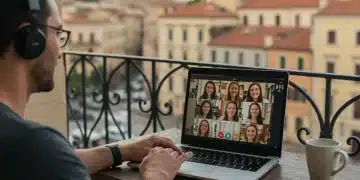 Digital nomad video calling family from abroad, maintaining US connections