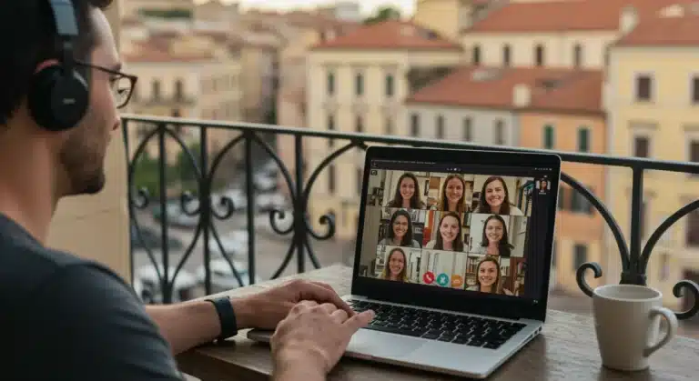 Digital nomad video calling family from abroad, maintaining US connections