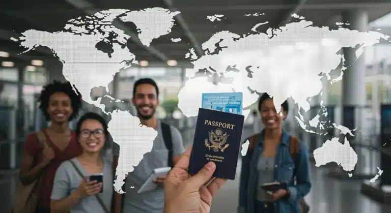 Smiling digital nomads at a modern border crossing with US passports