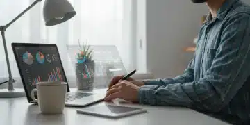 Freelancer reviewing 3-month income projections on a laptop for financial stability in 2025