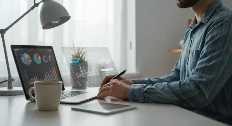 Freelancer reviewing 3-month income projections on a laptop for financial stability in 2025