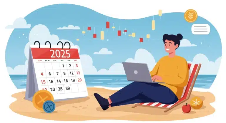 Freelancer planning retirement with a laptop on a beach in 2025
