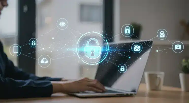 Digital lock icon over remote work setup, representing data security