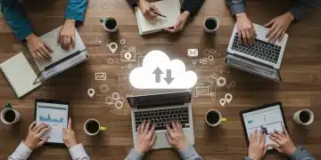 Remote workers collaborating with cloud storage solutions in a modern office setup.