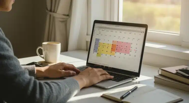 Person effectively managing their schedule with time blocking on a laptop.