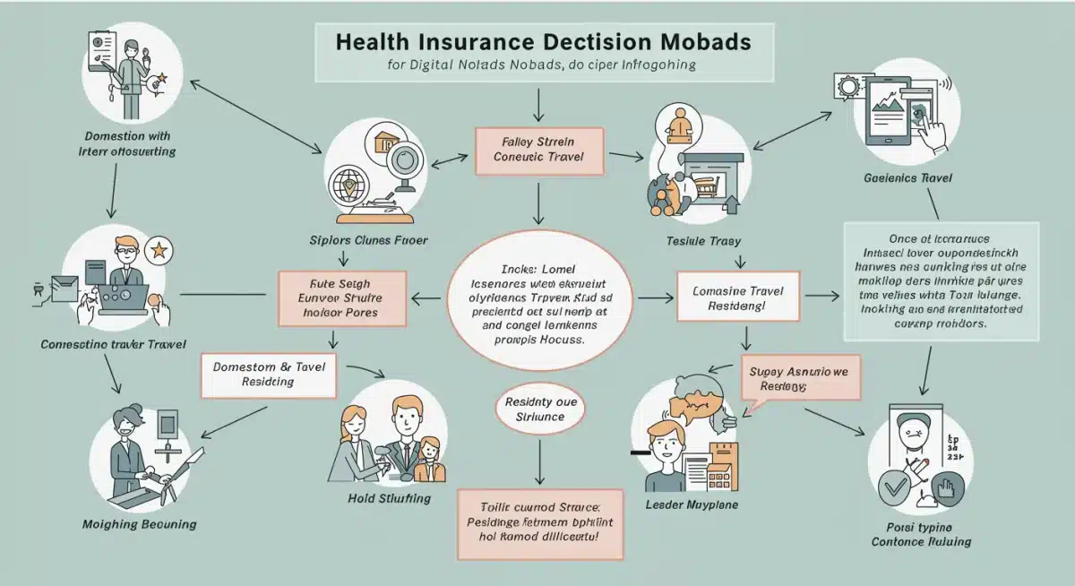 Infographic guiding digital nomads through health insurance decision points for domestic and international travel.
