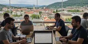 Digital nomads planning for 2025 visa changes with laptops and global map