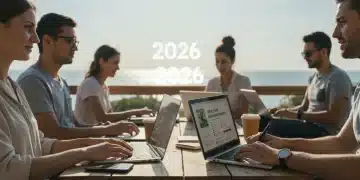 Digital nomads comparing health insurance plans on laptops in a vibrant outdoor setting, illustrating remote work flexibility.