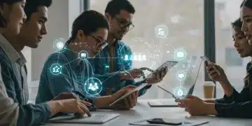 Diverse team collaborating with integrated productivity tools in a modern digital workspace