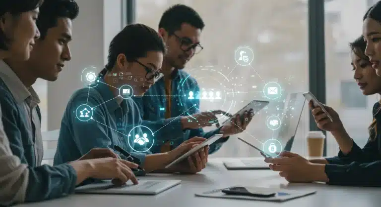 Diverse team collaborating with integrated productivity tools in a modern digital workspace