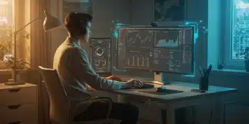 Person in flow state at a 2026 remote office desk with advanced tech