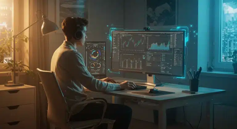 Person in flow state at a 2026 remote office desk with advanced tech