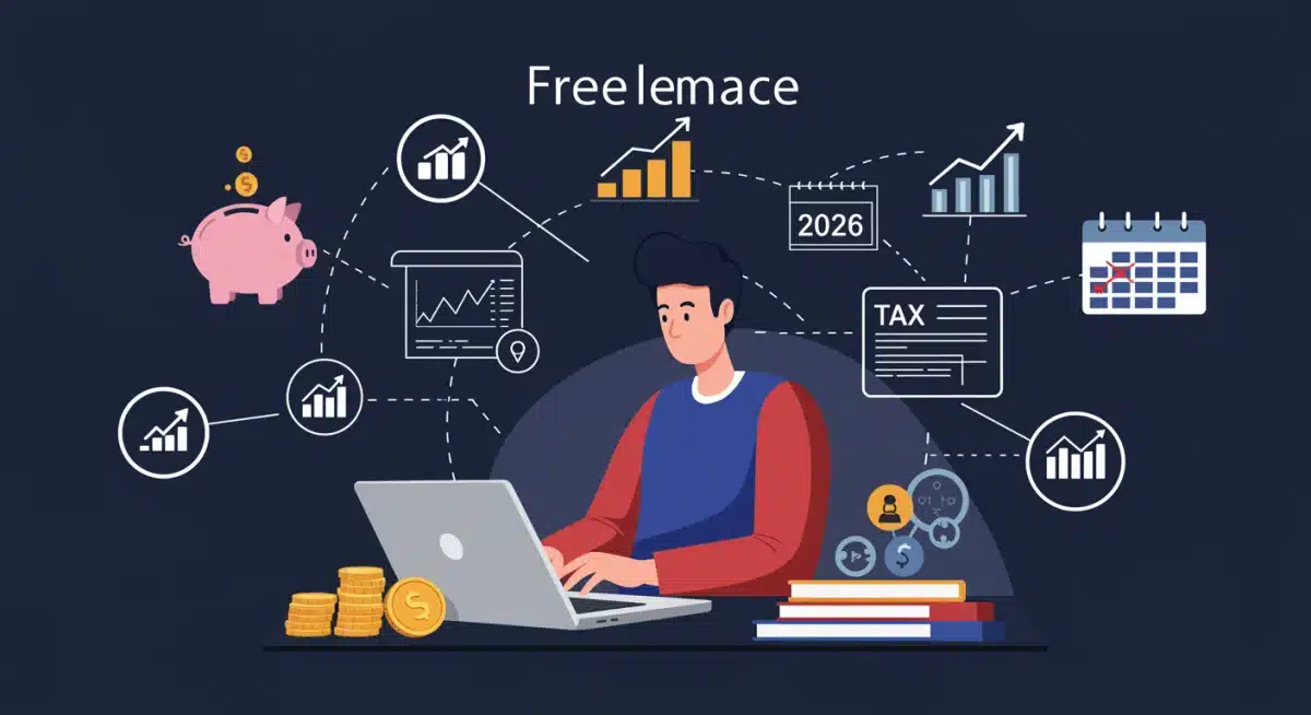 Illustration of a freelancer managing finances and planning for 2026 income growth