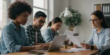 US freelancers actively planning for Q1 2025 tax changes, reviewing documents and using laptops.